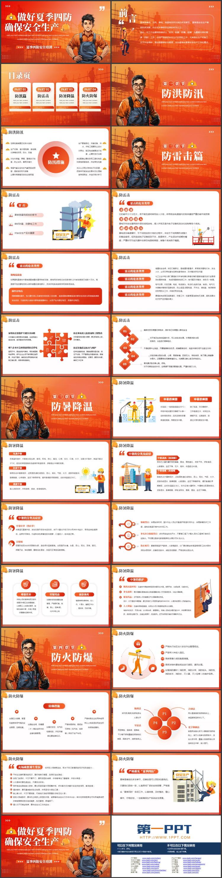 红橙配色插画风“做好夏季四防确保安全生产”夏季四防安全培训PPT模板下载