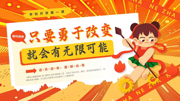 橙色卡通哪吒背景的“只要勇于改变就会有无限可能”学校开学第一课PPT模板下载