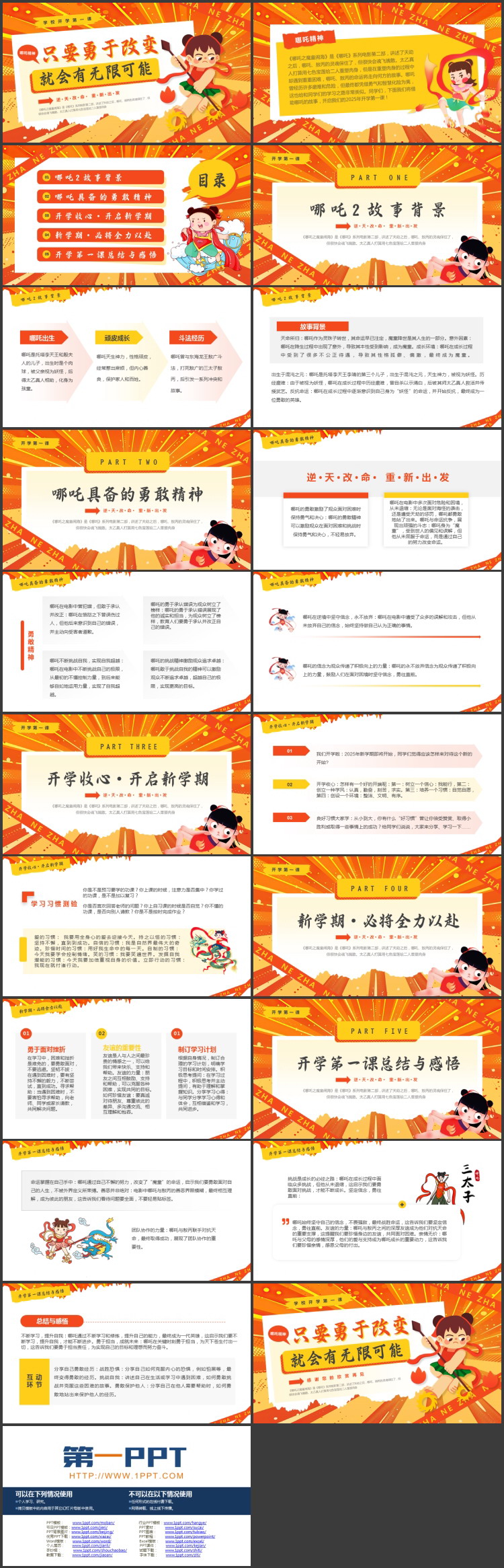 橙色卡通哪吒背景的“只要勇于改变就会有无限可能”学校开学第一课PPT模板下载