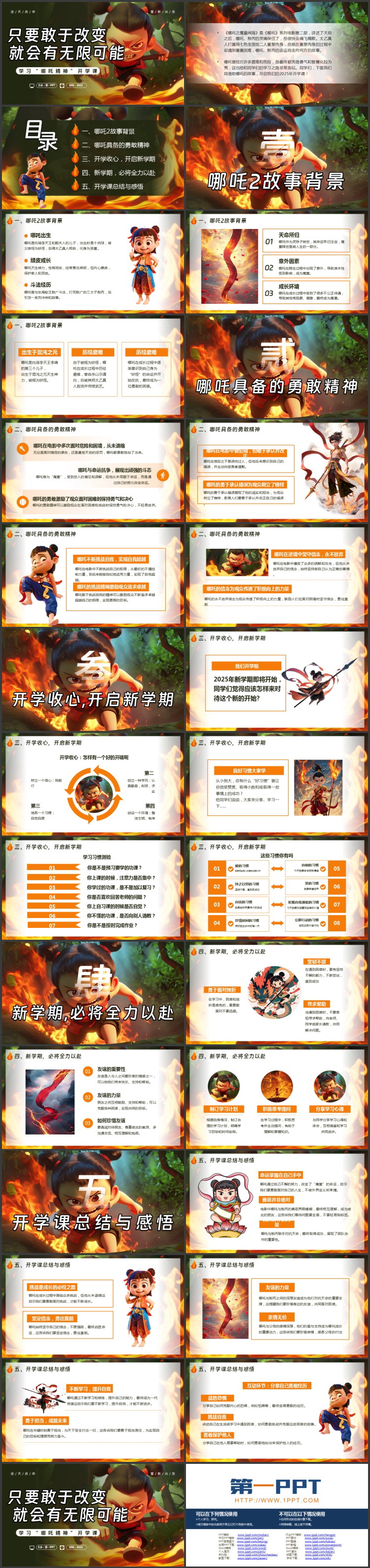 卡通哪吒背景的“只要敢于改变就会有无限可能”学习哪吒精神开学课PPT模板下载