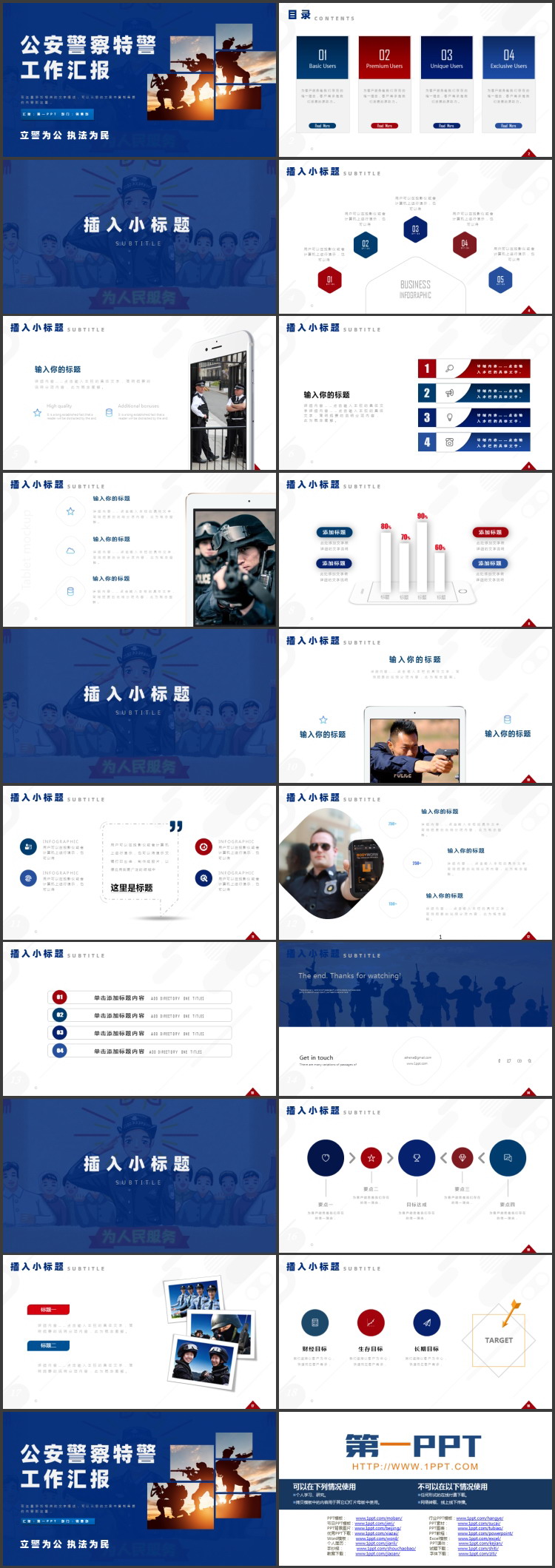 蓝色公安警察特警工作汇报PPT模板