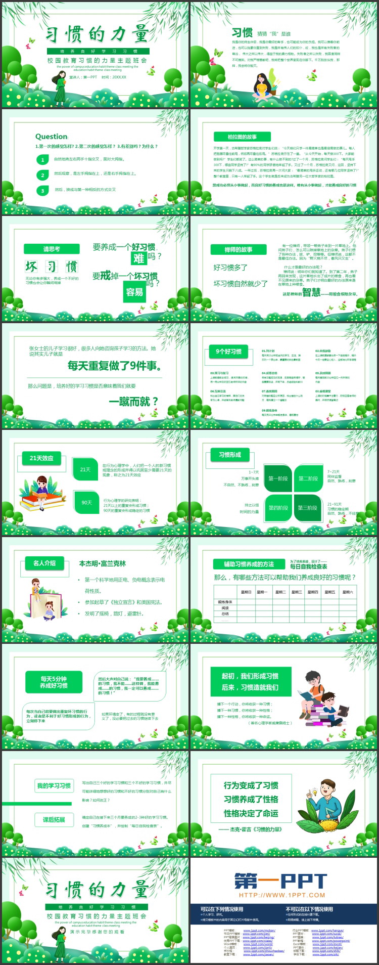 绿色清新卡通风格的“习惯的力量” 培养良好学习习惯主题班会PPT模板下载