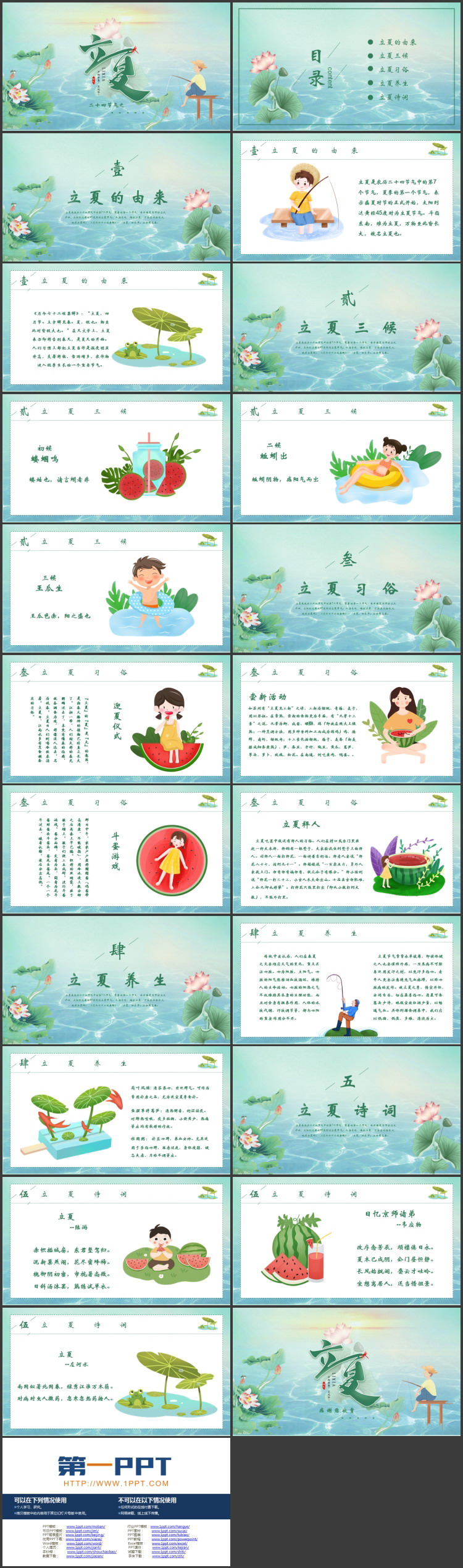 绿色清新荷花荷叶背景的二十四节气之立夏节气介绍PPT模板