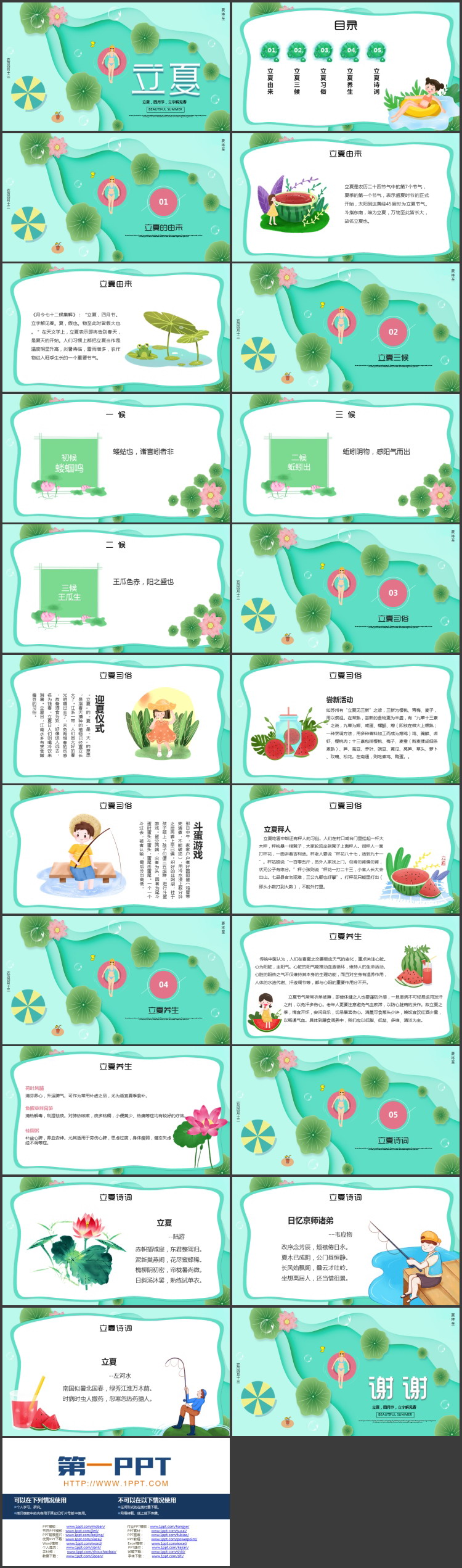 绿色清新卡通风格的立夏节气介绍PPT模板