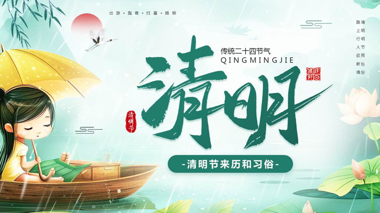 绿色插画女孩背景的清明节来历和习俗介绍PPT模板