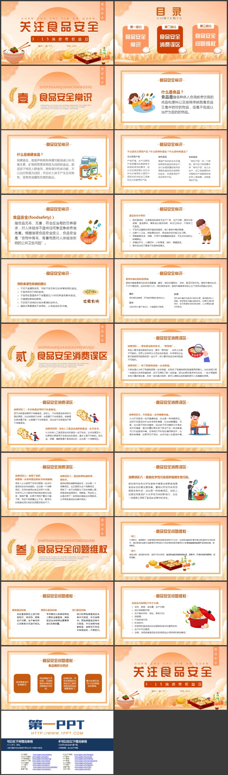 橙色卡通风格的关注食品安全315消费者权益日PPT模板下载