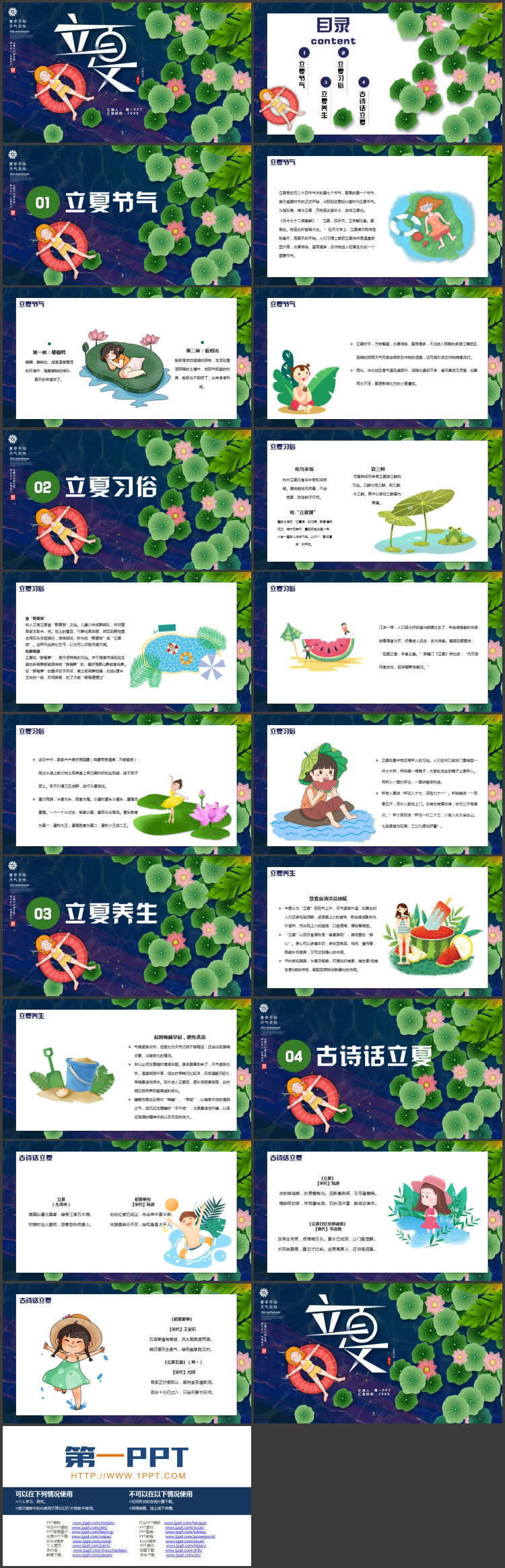 蓝绿配色卡通荷叶荷花背景的立夏节气介绍PPT模板
