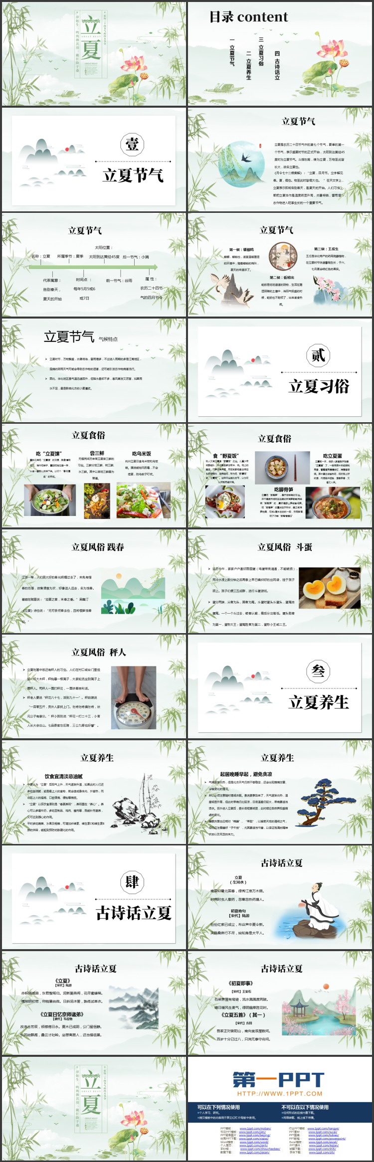 绿色清新荷花荷叶背景的立夏节气介绍PPT模板