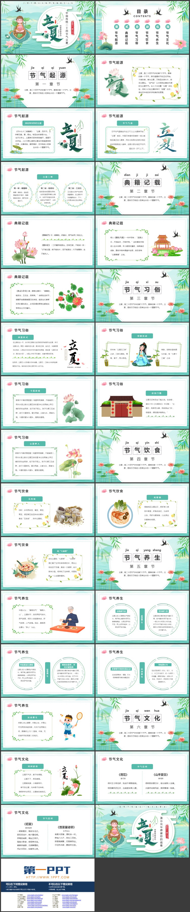绿色清新卡通女孩背景的中国传统二十四节气立夏介绍PPT模板