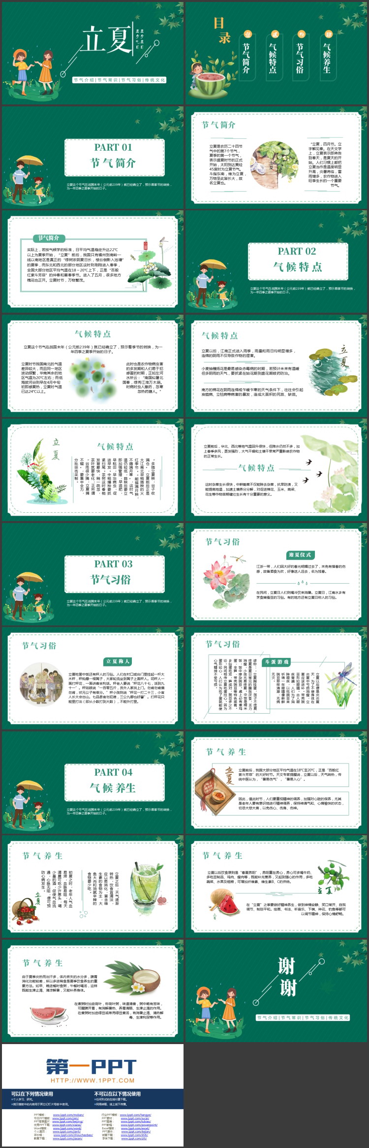 绿色卡通女孩背景的立夏节气习俗介绍PPT模板
