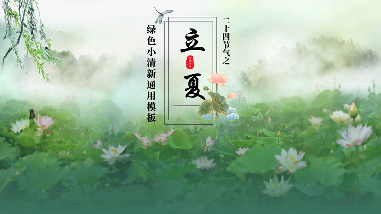 绿色小清新荷花荷叶背景的立夏节气介绍PPT模板