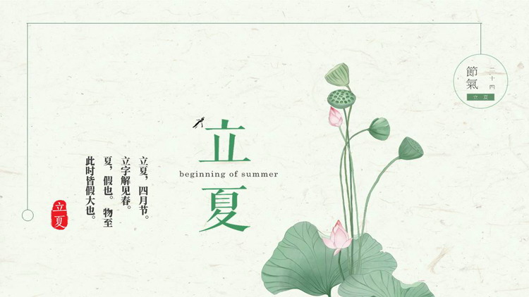 绿色水彩荷花荷叶背景的立夏节气介绍PPT模板