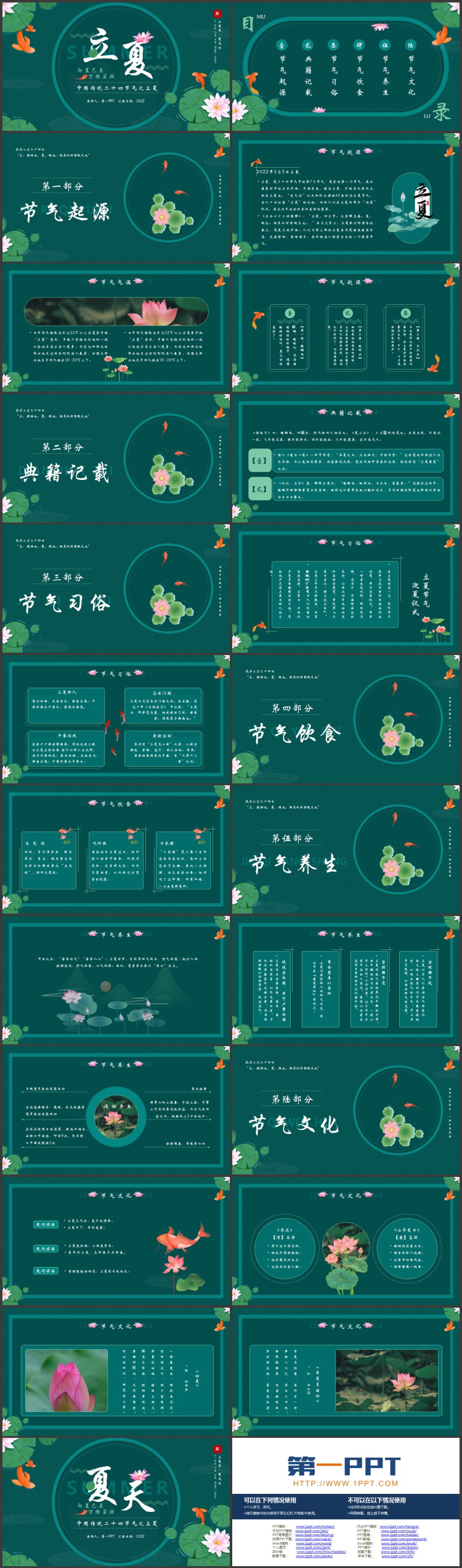 绿色水彩荷花荷叶背景的中国传统二十四节气之立夏节气介绍PPT模板