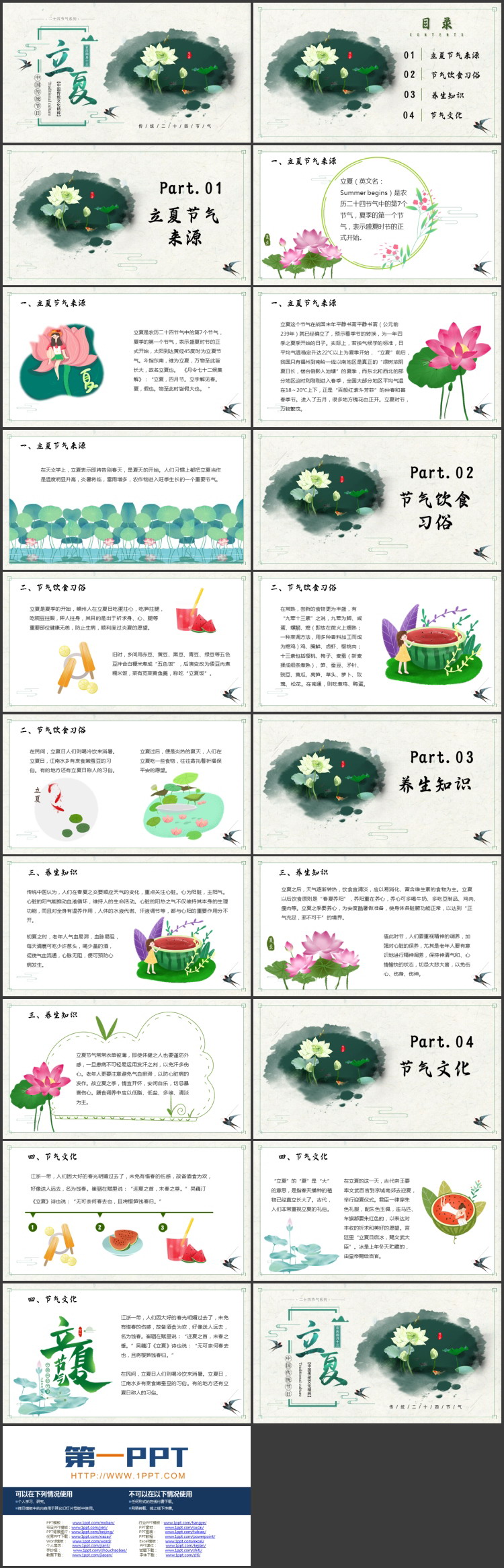 绿色荷花荷叶背景的中国传统节日立夏节气介绍PPT模板