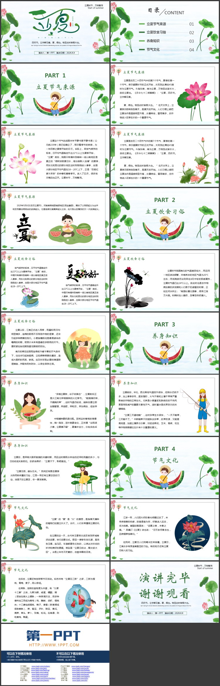 绿色清新荷花荷叶背景的立夏节气习俗介绍PPT模板