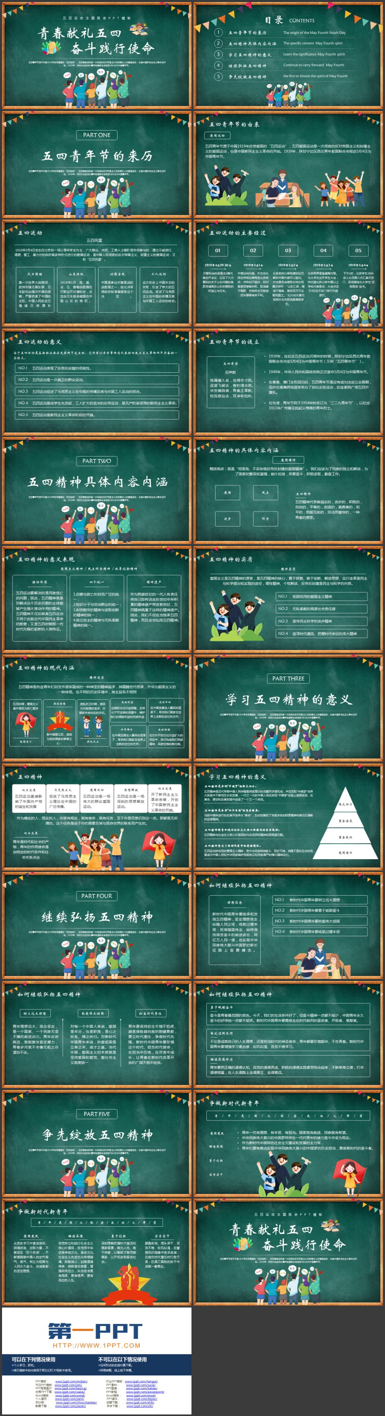 绿色黑板风“青春献礼五四奋斗践行使命”五四运动主题班会PPT模板