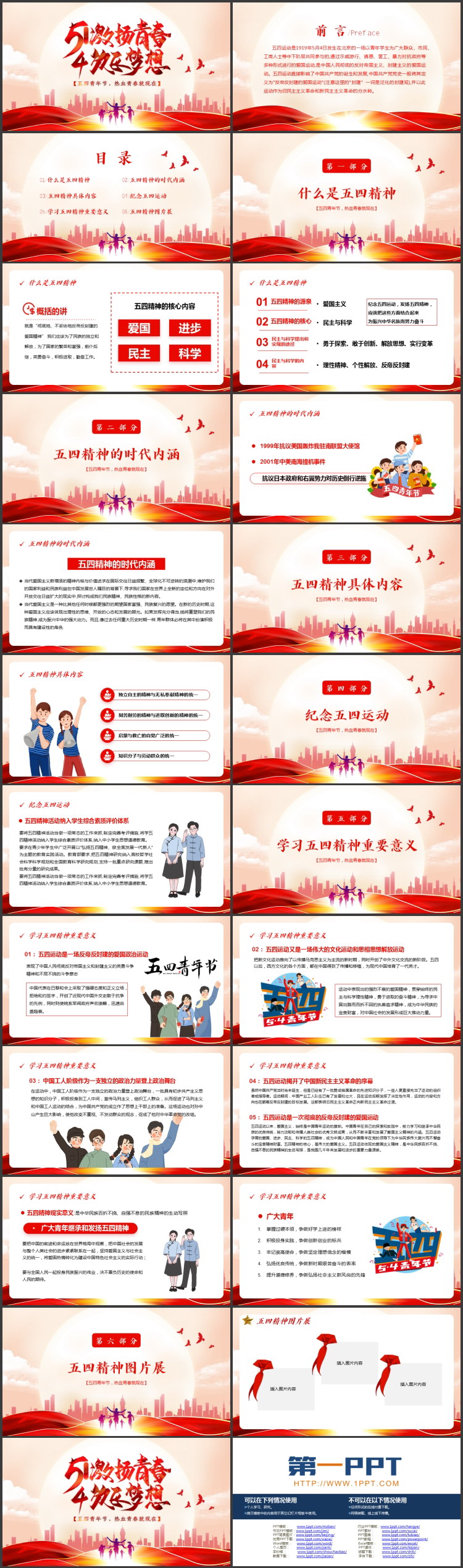 红色城市剪影背景的“激扬青春放飞梦想”五四青年节PPT模板