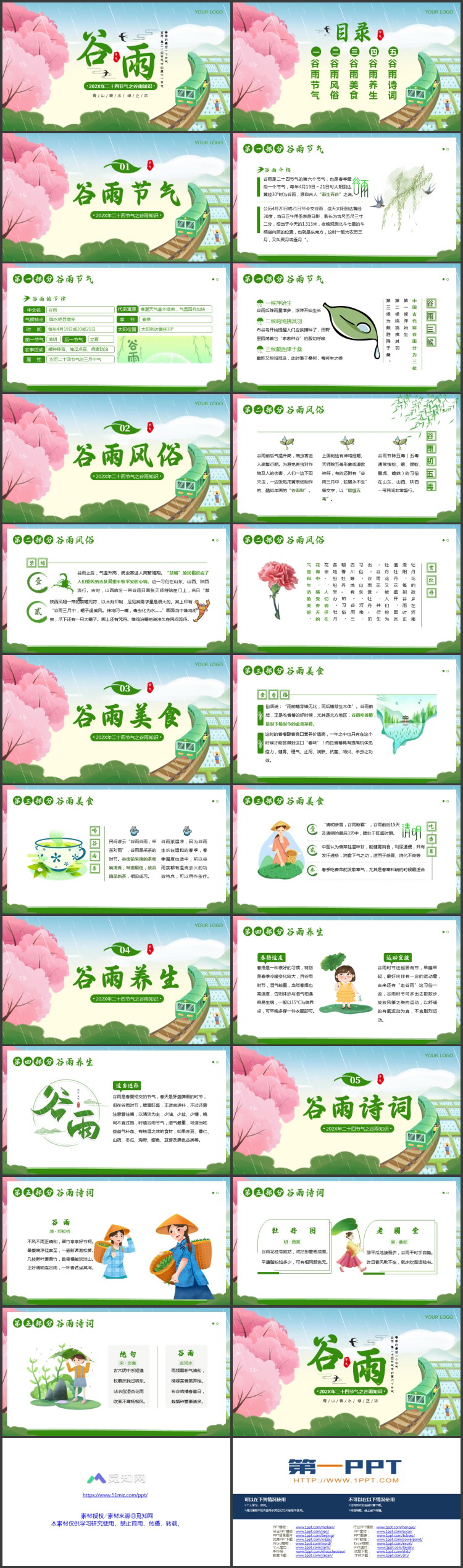 绿色卡通风格的二十四节气之谷雨知识介绍PPT模板