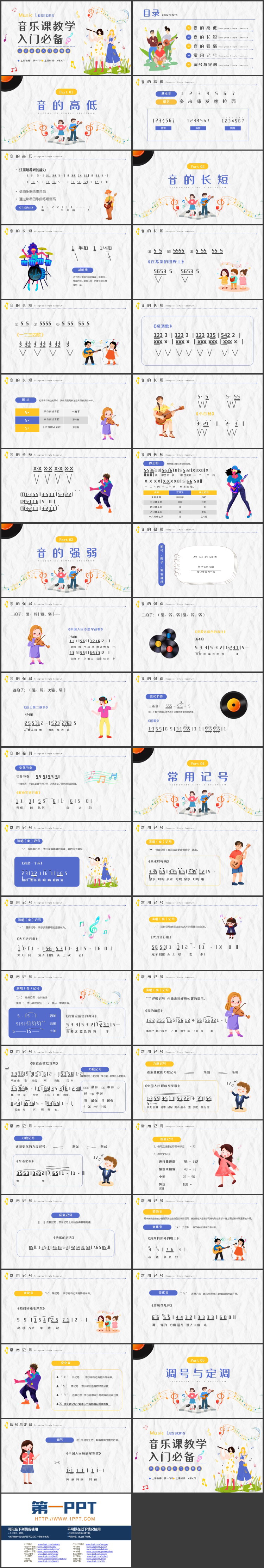 彩色卡通女孩音符背景的音乐课教学入门必备PPT模板