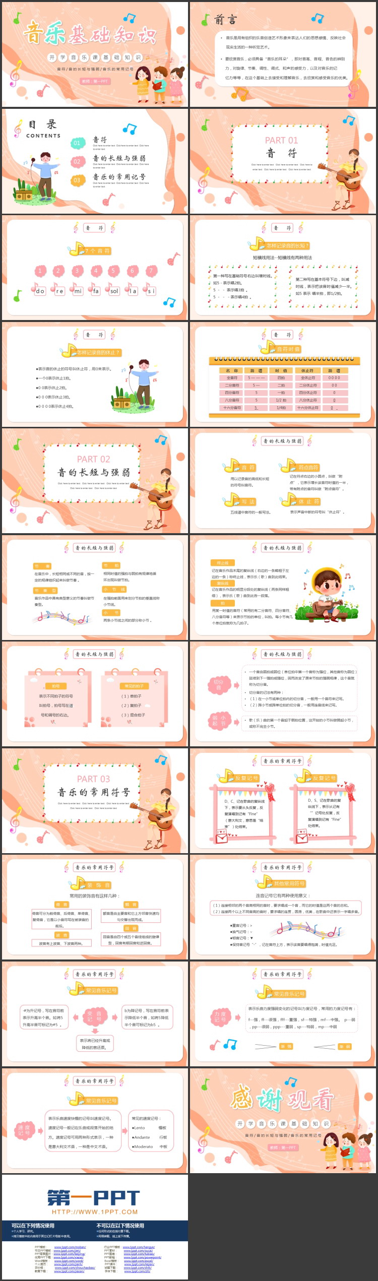 橙色卡通小朋友背景的音乐基础知识讲解PPT模板