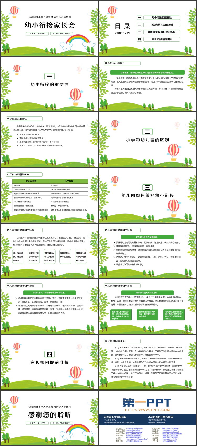 绿色清新卡通风格的幼小衔接家长会PPT模板下载