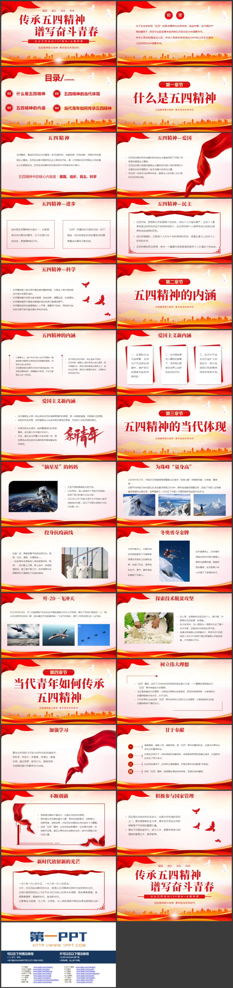 红色城市剪影背景的“传承五四精神谱写奋斗青春”主题团课PPT模板