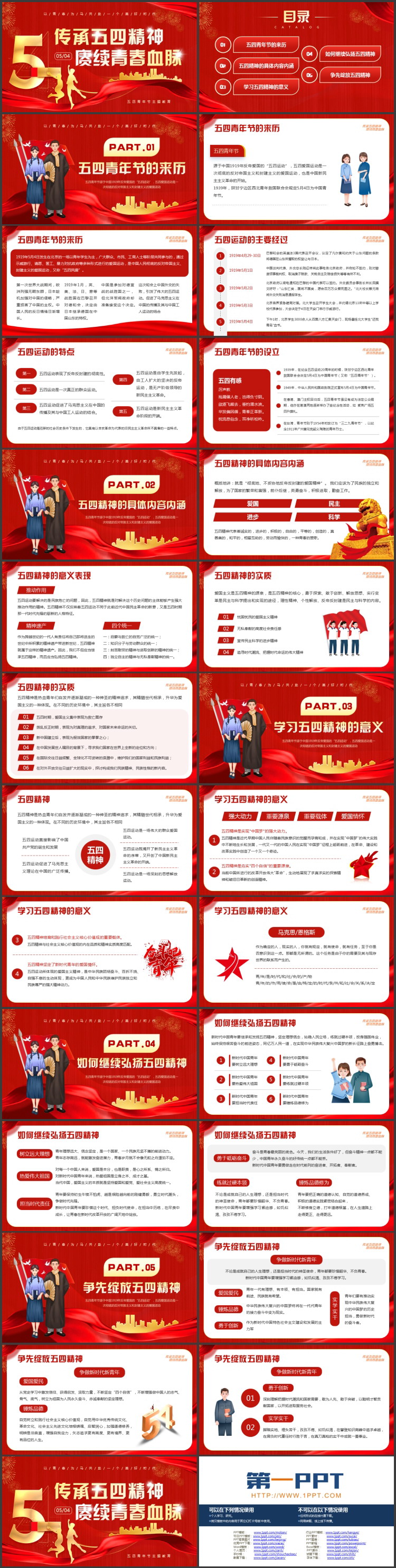 红色城市剪影背景的“传承五四精神赓续青春血脉”五四青年节主题教育PPT模板