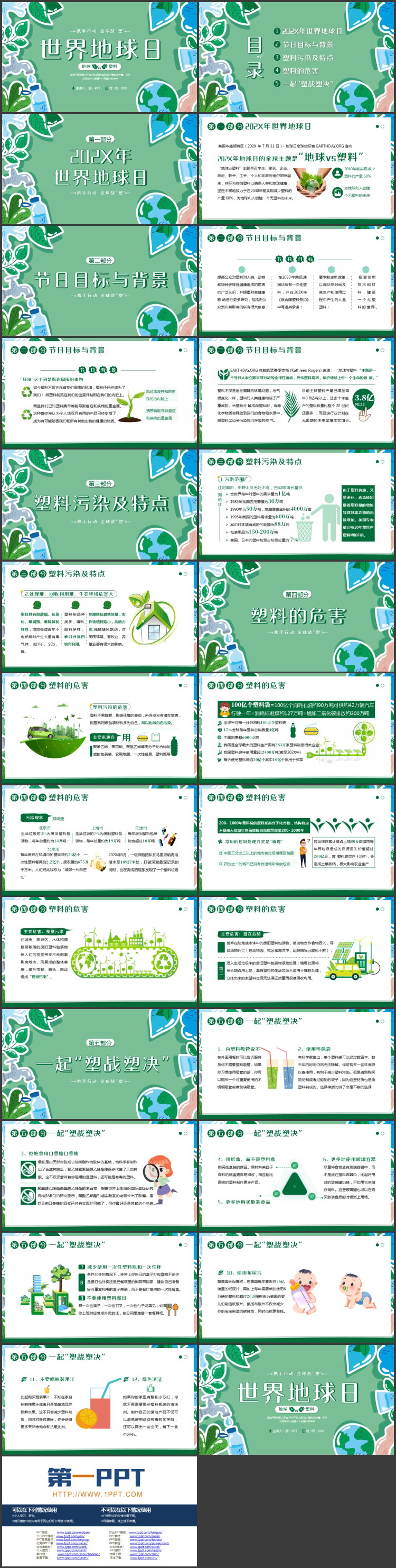 绿色卡通叶子地球背景的世界地球日环保主题PPT模板下载