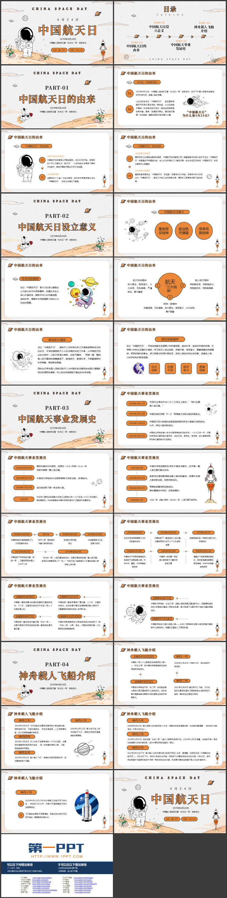 橙色卡通宇航员背景的中国航天日PPT模板
