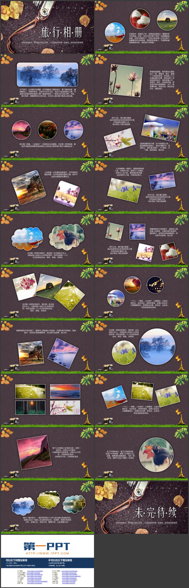 树叶相机背景的文艺风旅行相册PPT模板
