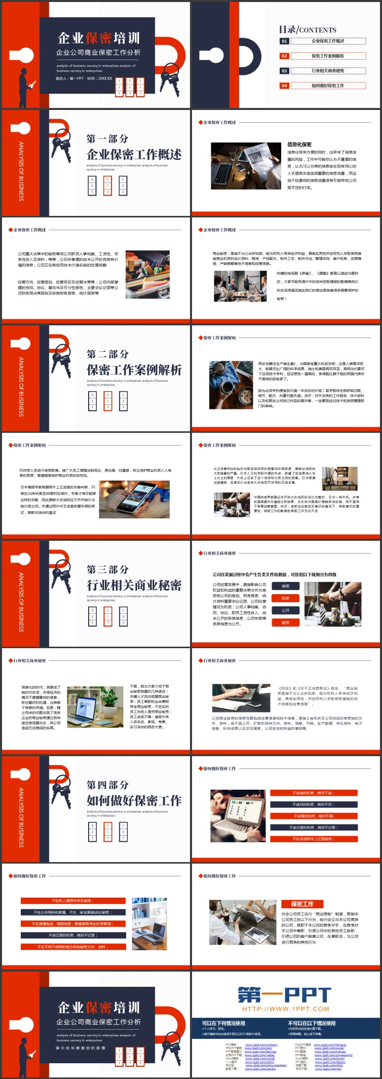 蓝红配色人物剪影背景的企业保密培训PPT模板下载