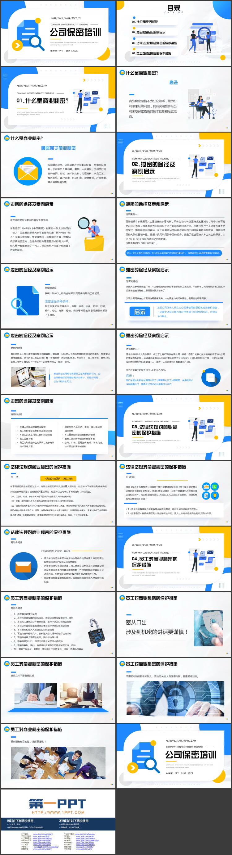 蓝黄配色电脑文件图标背景的公司保密培训PPT模板下载