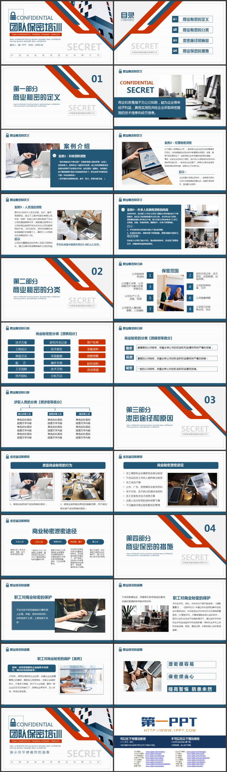 青红配色写字楼背景的团队保密培训PPT模板下载