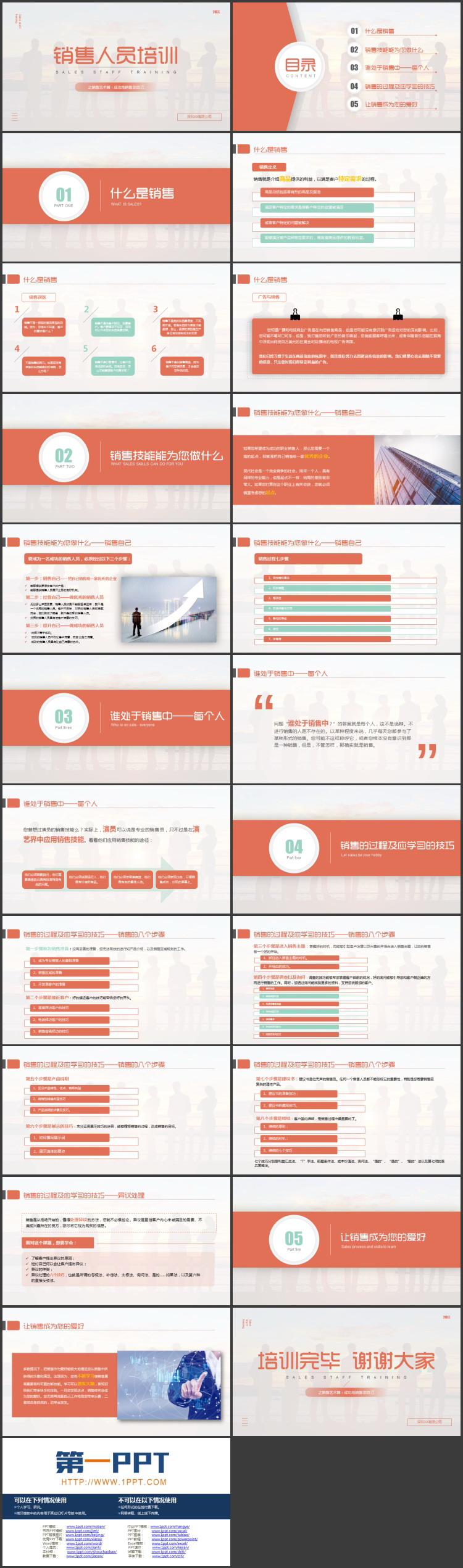 红色商务人士剪影背景的销售人员培训PPT模板下载
