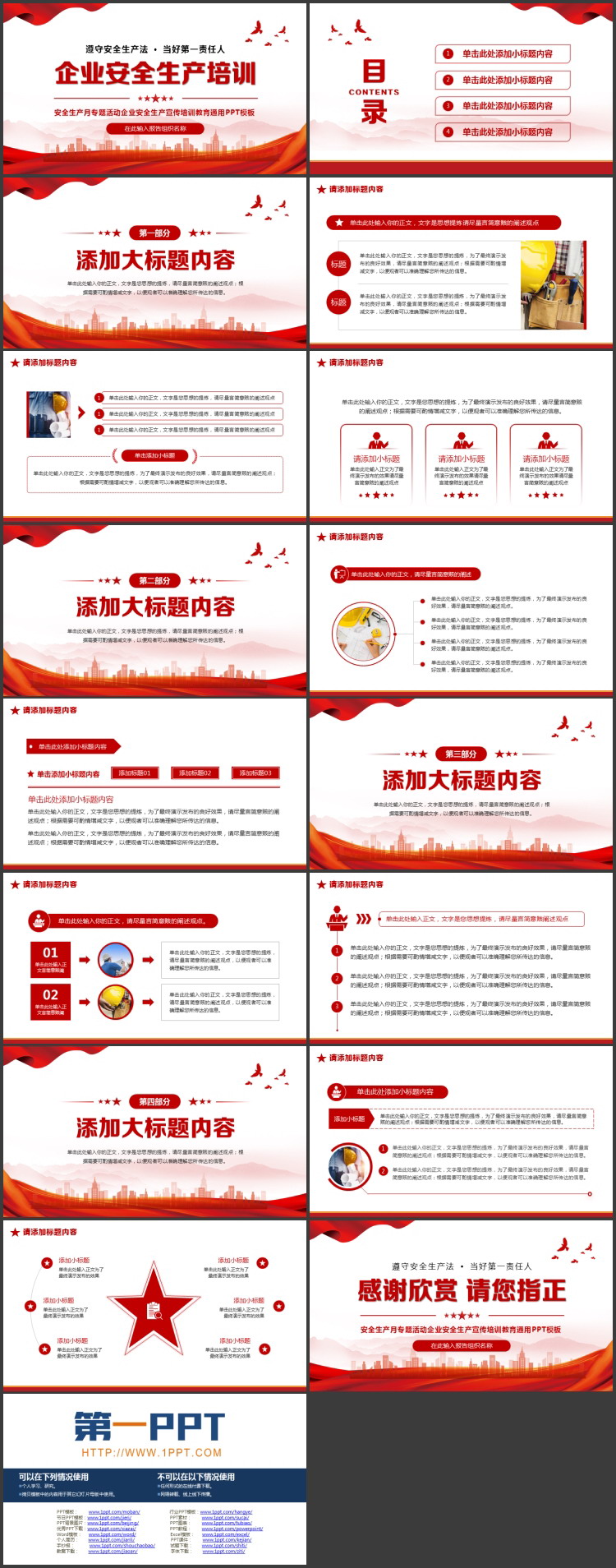 红色城市剪影背景的企业安全生产培训PPT模板下载