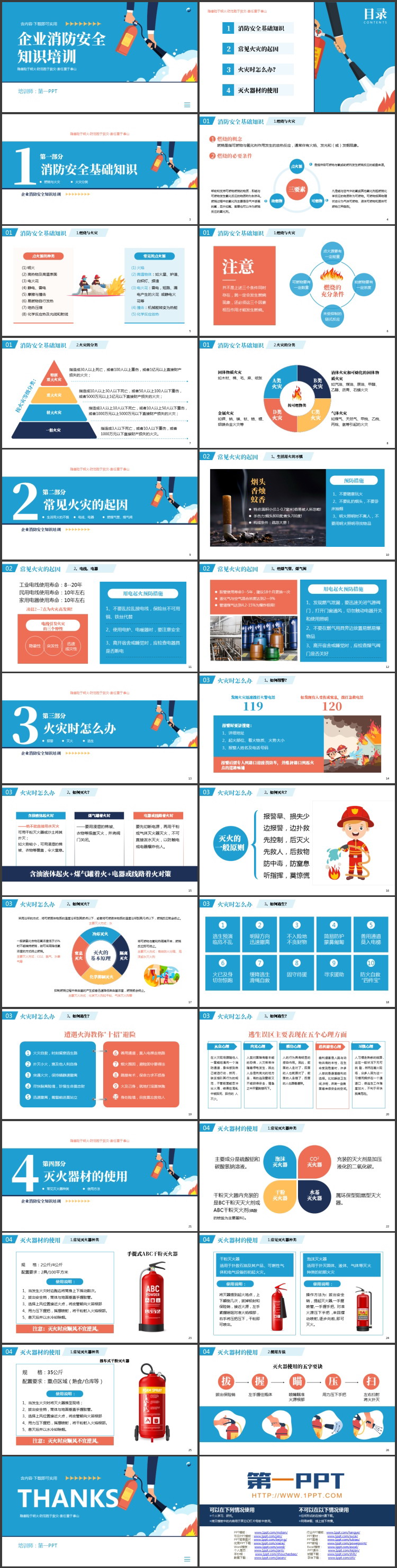蓝色矢量扁平化风格的企业消防安全知识培训PPT模板下载