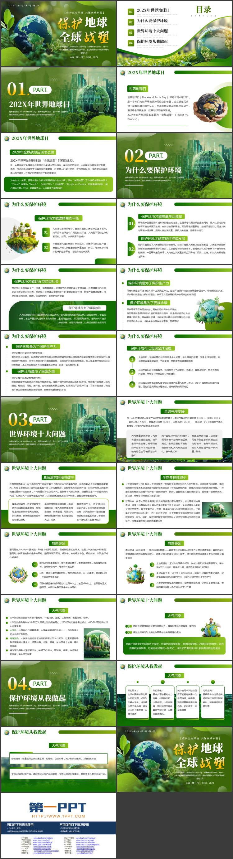 绿色地球背景的“保护地球全球战塑”世界地球日宣传介绍PPT模板下载