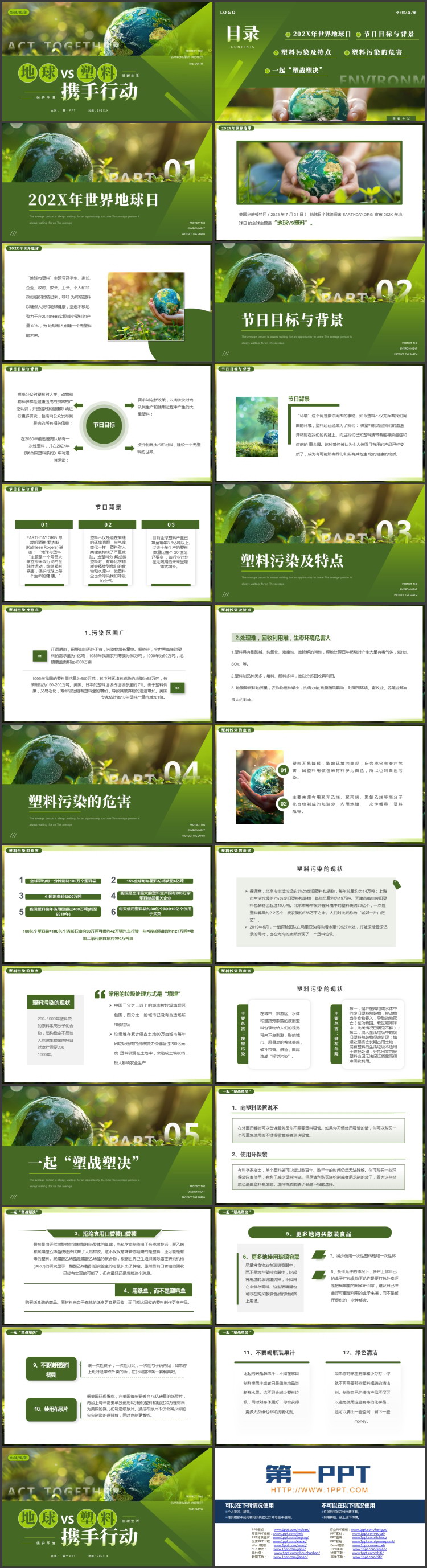 绿色地球背景的“地球VS塑料携手行动”世界地球日PPT模板下载