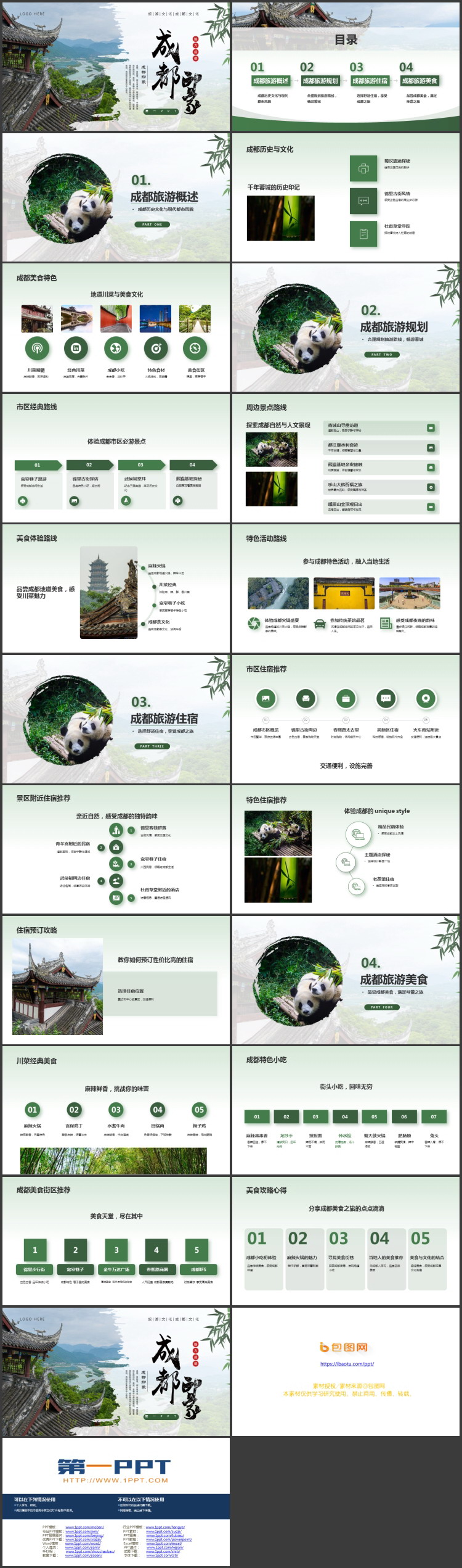 绿色古建筑背景的“成都印象”城市介绍旅游推介PPT模板