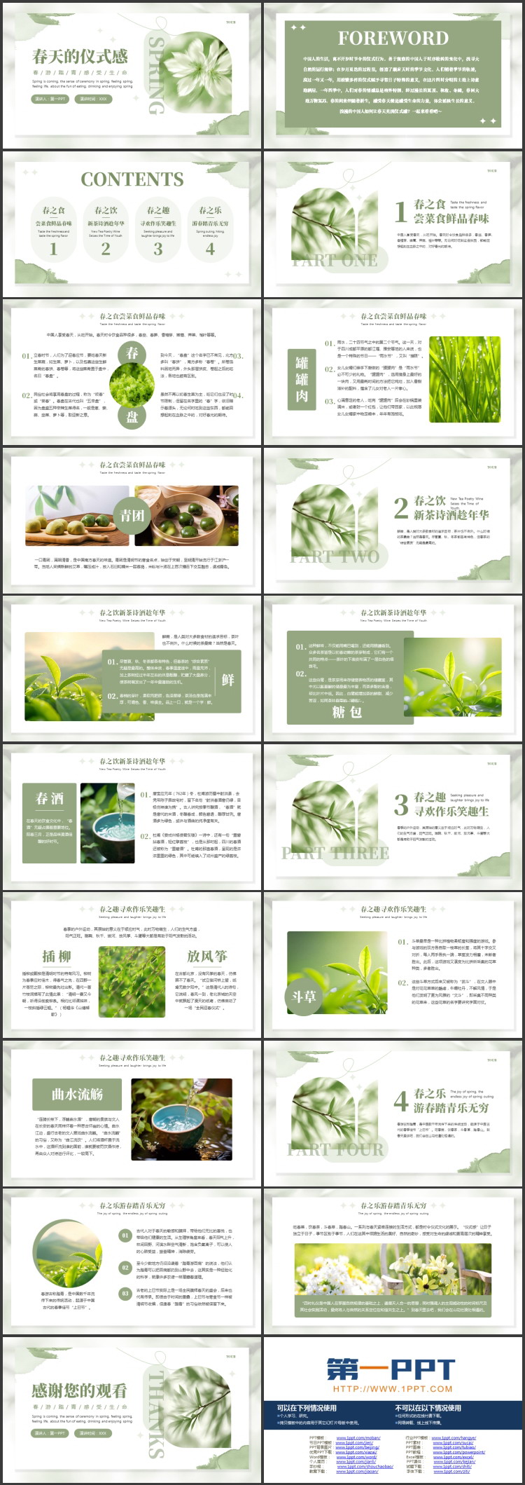 绿色花卉背景的“春天的仪式感”春游主题PPT模板