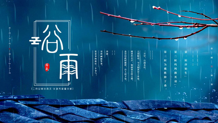蓝色雨中树枝瓦片背景的谷雨节气介绍PPT模板