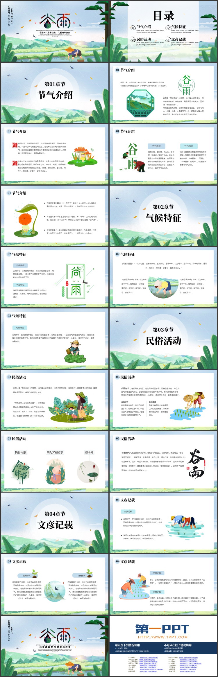 绿色清新卡通农民背景的谷雨节气介绍PPT模板