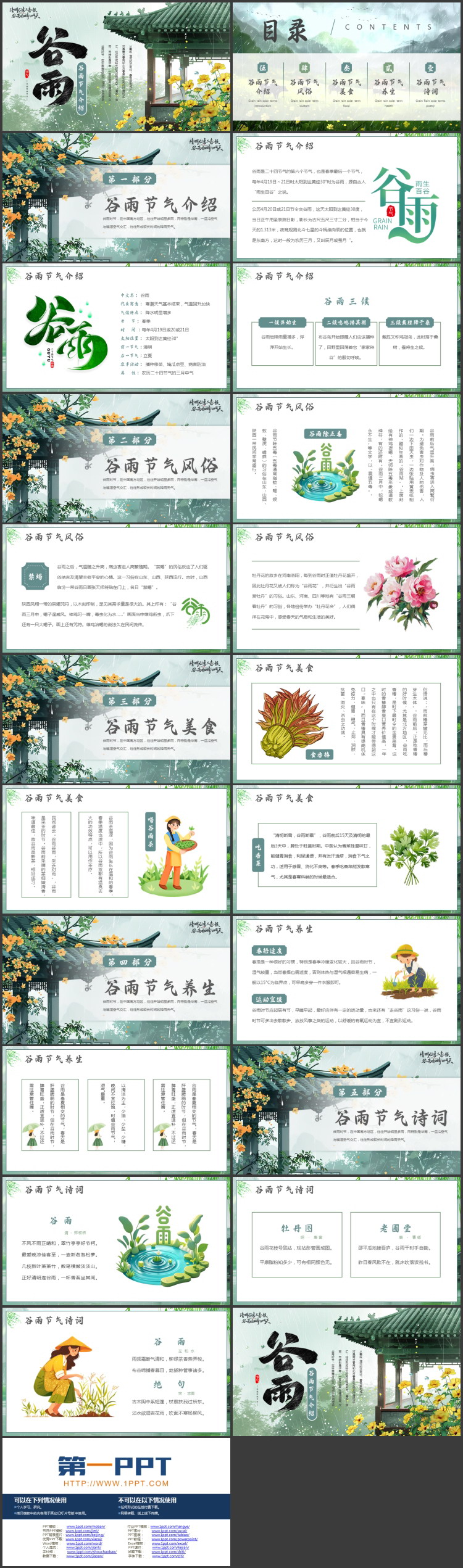 绿色精美古建筑背景的谷雨节气介绍PPT模板
