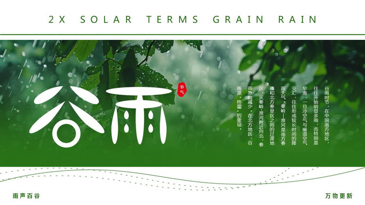 清新绿叶背景的谷雨节气介绍PPT模板