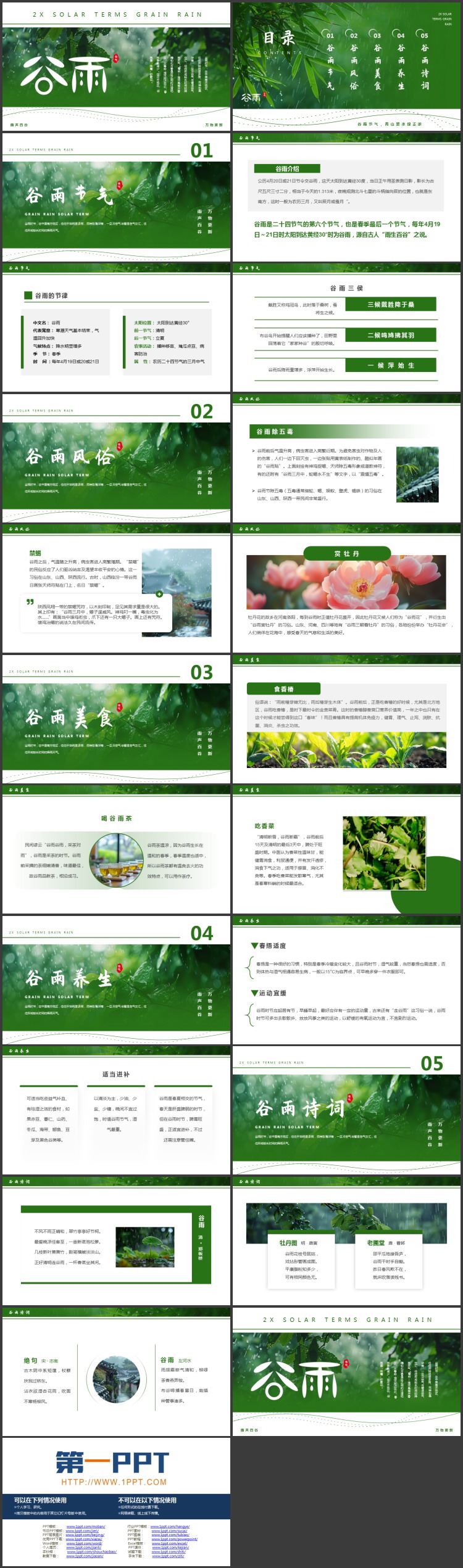 清新绿叶背景的谷雨节气介绍PPT模板