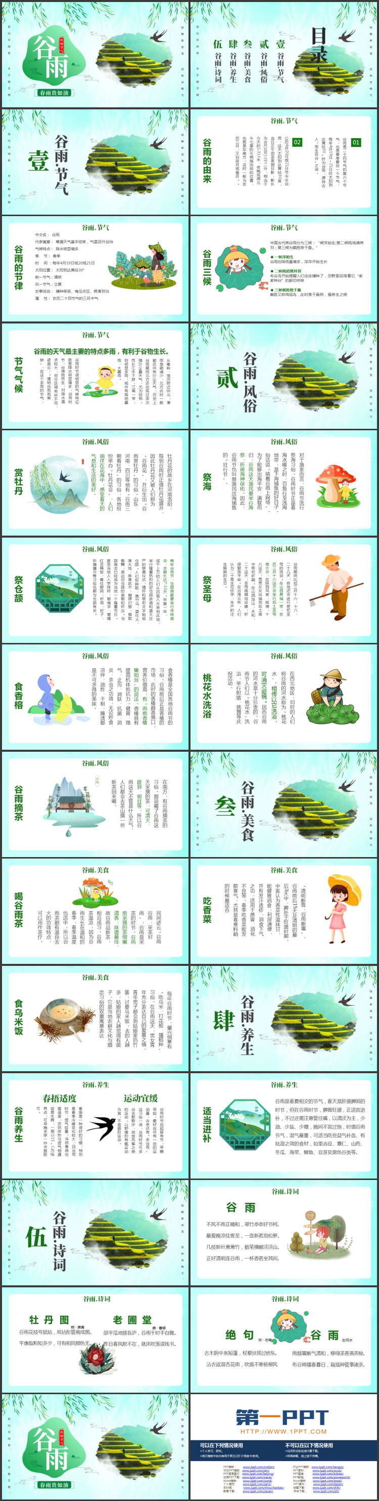 绿色丘陵农田背景的谷雨传统节气介绍PPT模板