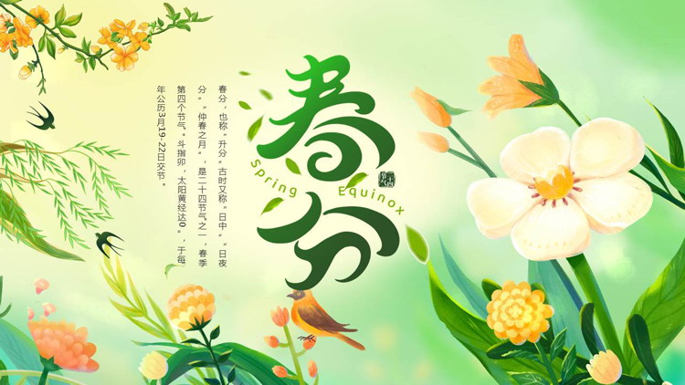 绿色清新插画风背景的春分节气介绍PPT模板