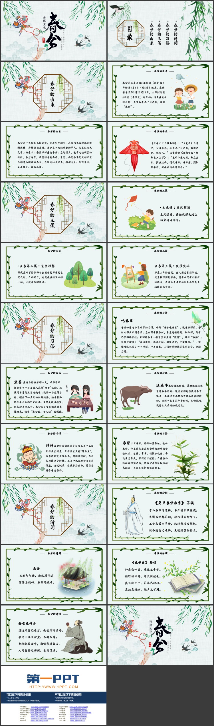 柳叶风筝背景的中国风春分节气介绍PPT模板