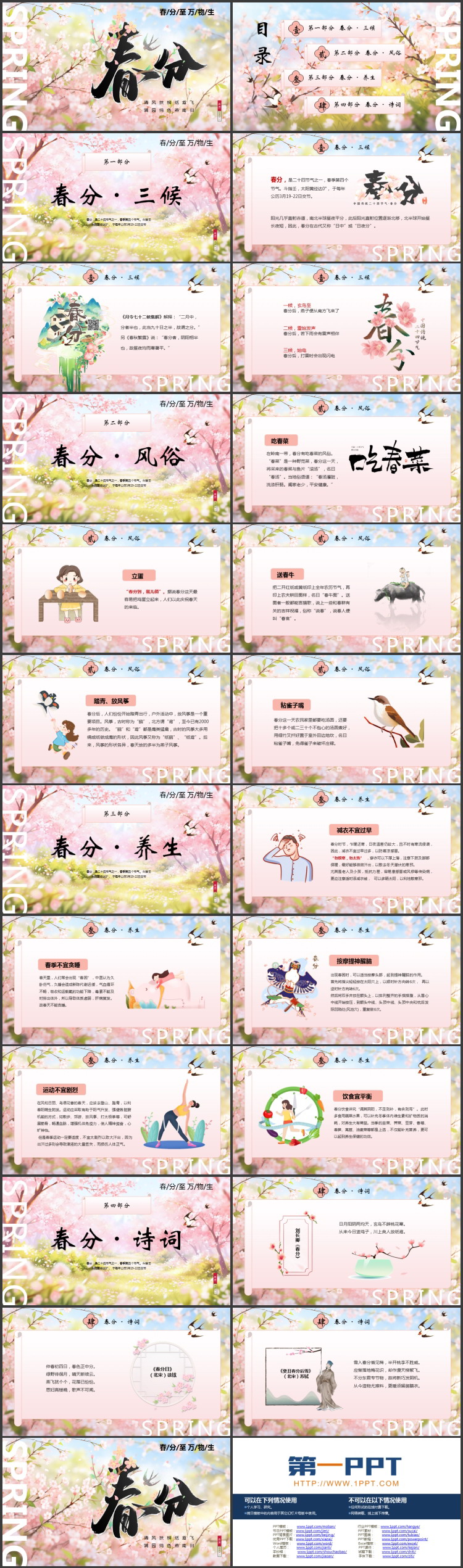 精美插画风桃花背景的春分节气介绍PPT模板