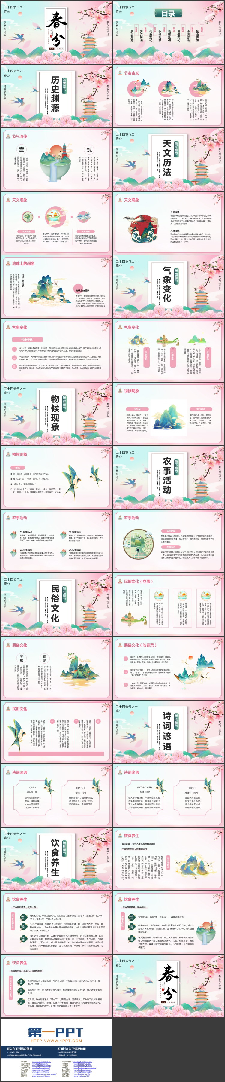 粉色国潮桃花古建筑背景的春分节气介绍PPT模板